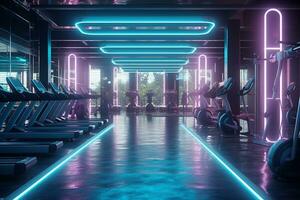 trogen Gym interiör med neon lampor. 3d tolkning ai generativ foto