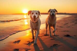 två hundar på de strand på solnedgång. gyllene retriever och labrador retriever. ai generativ foto