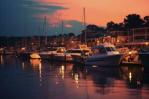 båtar och yachter förtöjd till en pir på solnedgång generativ ai foto