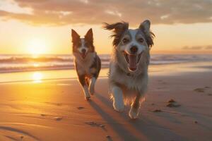 två hundar på de strand på solnedgång. gyllene retriever och labrador retriever. ai generativ foto