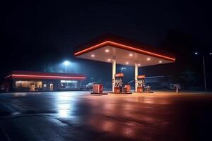 gas station på natt. tankning av bensin på gas station ai genererad foto