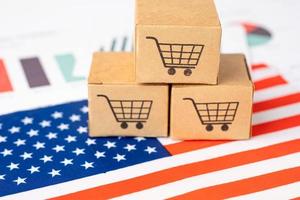 låda med kundvagn logotyp och USA USA flagga, importera export shopping online eller e-handel finans leverans service butik produkt frakt, handel, leverantör koncept.