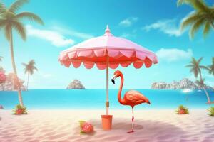 rosa flamingo med paraply på de strand. 3d illustration. ai generativ foto