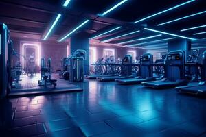 trogen Gym interiör med neon lampor. 3d tolkning ai generativ foto