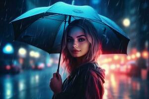 skön flicka i regnkappa med paraply i de stad på natt ai genererad foto