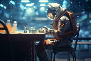 astronaut i en gas mask sitter på de tabell med en flaska av medicin. ai generativ foto