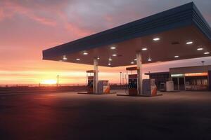 bensin och gas station på solnedgång. ai genererad foto