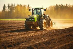 jordbrukare i traktor framställning landa med såbädd kultivator på vår generativ ai foto