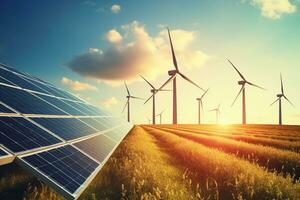sol- paneler och vind turbiner i de solnedgång fält. förnybar energi begrepp ai genererad foto