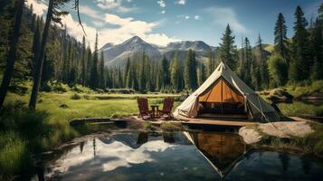 generativ ai, camping utomhus- begrepp nära de sjö eller flod, turist läger på de skön grön landskap med bergen foto