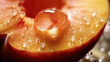 generativ ai, ljus skiva av saftig mogen persika och vatten droppar, makro av sommar frukt foto
