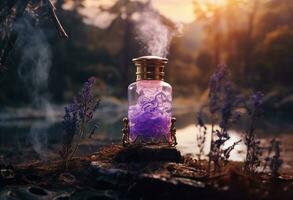 generativ ai, en flaska av grundläggande olja med färsk lavendel- kvistar med rök på mörk bakgrund, ört- olja och blommor foto