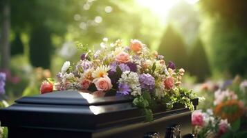 generativ ai, blommor på en Kista i de begravning eller begravning tjänster på kyrkogård, skrin med blommor foto