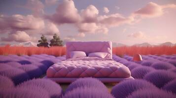 generativ ai, fantasi lila koppla av rum med drömmande säng och skön landskap med moln. sovrum i lugna lavendel- och violett färger. foto