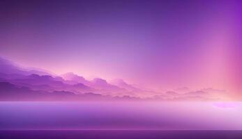 generativ ai, skön lutning scen landskap med ljus lila, digital lavendel- Färg, horisontell tapet. abstrakt bakgrund med moln och horisont foto