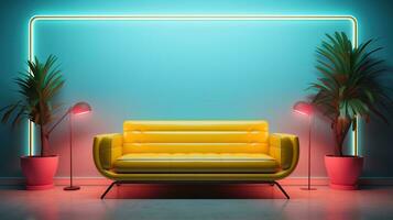 generativ ai, modern neon minimalistisk interiör, blå och rosa färger, soffa, tabell och växter foto