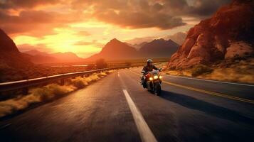 generativ ai, motorcykel ryttare på gata ridning, solnedgång himmel, har roligt körning de tömma motorväg på en motorcykel Turné resa foto
