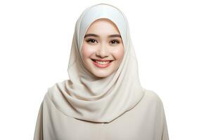 skön muslim kvinna med vit hijab isolerat på vit bakgrund ai genererad foto