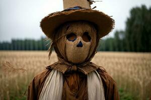 en scarecrow med blå ögon och en brun hatt. ai genererad foto