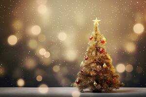 jul träd med gyllene dekoration på bokeh bakgrund. jul och ny år begrepp, jul och ny år bakgrund med jul träd och bokeh lampor, ai genererad foto