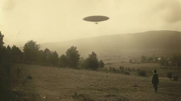 generativ ai, UFO över de italiensk landskap årgång Foto, utlänningar vittnen retro 1930 stil fotografi foto