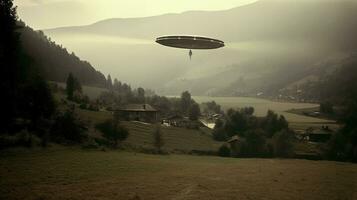 generativ ai, UFO över de italiensk landskap årgång Foto, utlänningar vittnen retro 1930 stil fotografi foto