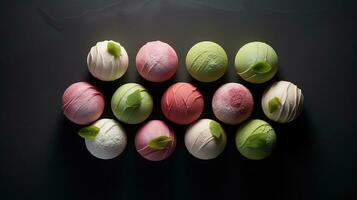 generativ ai, japansk traditionell konfektyr kaka wagashi, olika typer av sötsaker foto