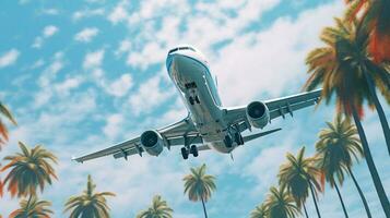 generativ ai, plan flygande över en tropisk ö med handflatan träd. resa, semester begrepp. skön himmel bakgrund foto