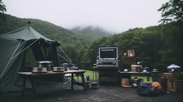 generativ ai, camping utomhus- begrepp i neutral dämpad färger, turist läger foto