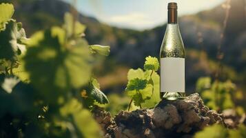 generativ ai, vit vin flaska falsk upp på vingård landskap i de solsken, klara Plats och plats för logotyp foto