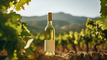 generativ ai, vit vin flaska falsk upp på vingård landskap i de solsken, klara Plats och plats för logotyp foto