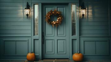 generativ ai, halloween och tacksägelse dekoration för Hem och firande begrepp, pumpor och växter, höst bakgrund foto
