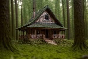 en små stuga i de mitten av en skog. ai genererad foto