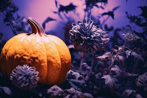 generativ ai, halloween duotone bakgrund med blommor och pumpa foto