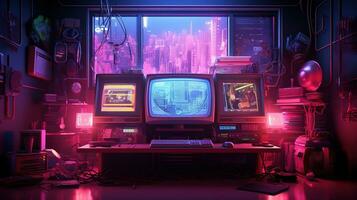 generativ ai, dator på de tabell i cyberpunk stil, nostalgisk 80-tal, 90-tal. neon natt lampor vibrerande färger, fotorealistisk horisontell illustration av de trogen interiör. teknologi begrepp. foto