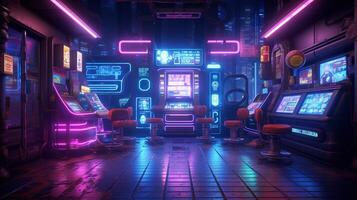 generativ ai, cyberpunk stil spel bar eller Kafé. natt scen av stor stad, trogen nostalgisk 80-tal, 90-tal. neon lampor vibrerande färger, fotorealistisk horisontell illustration. foto