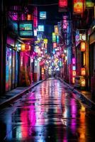 generativ ai, natt scen av efter regn stad i cyberpunk stil, trogen nostalgisk 80-tal, 90-tal. neon lampor vibrerande färger, fotorealistisk vertikal illustration. foto