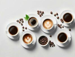 en grupp av kaffe koppar Sammanträde på topp av en vit tabell. ai genererad foto