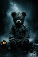 mörk skuggor omslutande en ensam teddy Björn antydande barndom mardrömmar foto