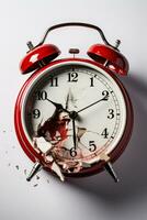 en krossade larm klocka symboliserar sömnlöshet isolerat på en vit bakgrund foto