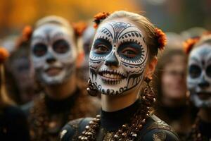 skelett tema ansikte målning och kostymer liva upp dag av de död- firande foto