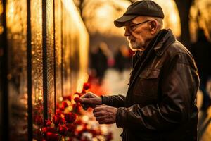 reflekterande veteraner minnas bredvid krig monument på en högtidlig veteraner dag foto