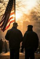 veterinärer bistå i veteraner dag flagga höjning ceremonier bakgrund med tömma Plats för text foto