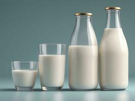 en glas av mjölk en flaska av mjölk och en glas av mjölk. ai genererad foto