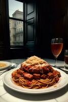 en vit tallrik toppade med spaghetti och kött. ai genererad foto