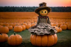 en scarecrow Sammanträde på topp av en pumpa i en fält. ai genererad foto