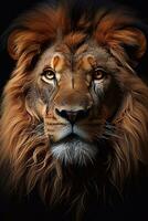 en bild av en manlig lejon med stor manen i de bakgrund generativ ai foto