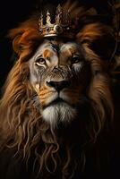 porträtt av en manlig lejon med mörk i de bakgrund generativ ai foto