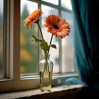 gerbera blommor placerad nära de fönster av de hus genererad förbi ai foto