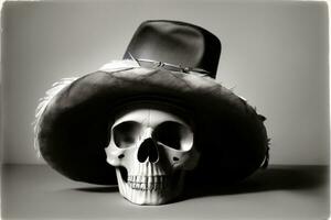 en svart och vit Foto av en skalle bär en sombrero. ai genererad
